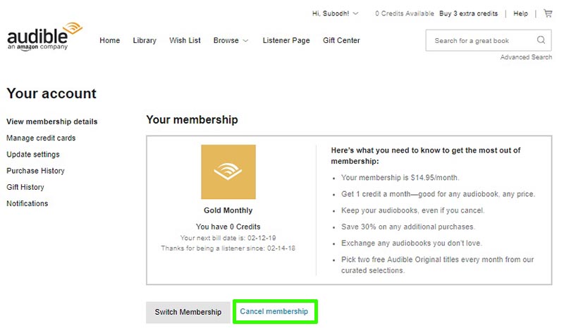 how to cancel audible